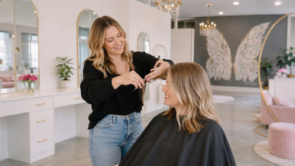 Stylist finishing a haircut and style at Halo Salon in Auburn, AL