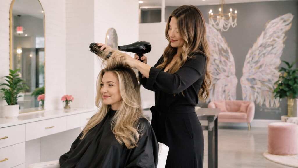 Stylist giving a client a blowout at Halo Salon in Auburn, AL