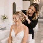 Bride having her wedding hair styled at Halo Salon in Auburn, AL