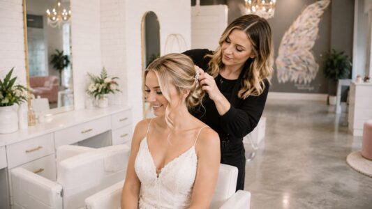 Bride having her wedding hair styled at Halo Salon in Auburn, AL