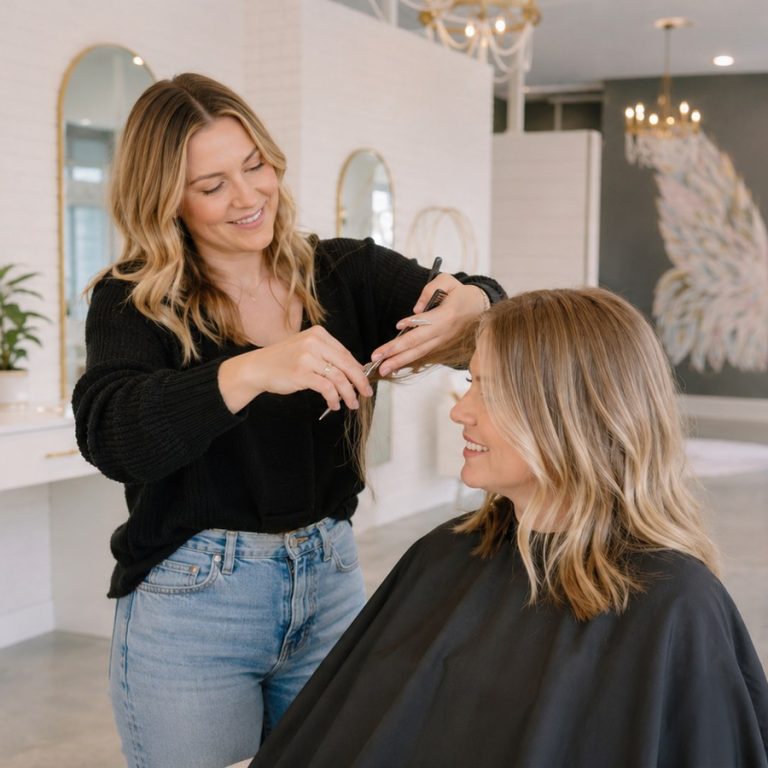 Stylist finishing a haircut and style at Halo Salon in Auburn, AL