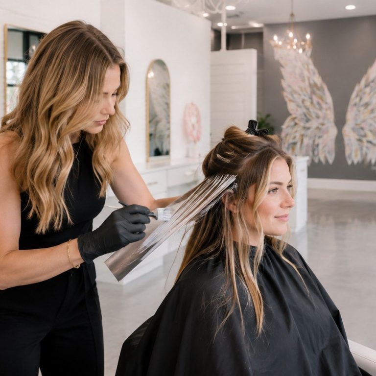Colorist hand-painting balayage at Halo Salon in Auburn, AL