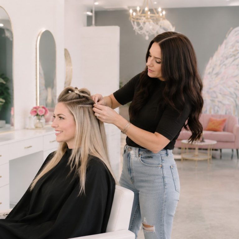 Stylist fitting hair extensions at Halo Salon in Auburn, AL