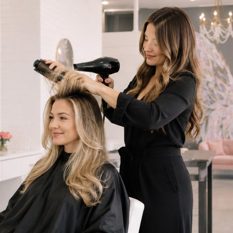 Stylist giving a client a blowout at Halo Salon in Auburn, AL